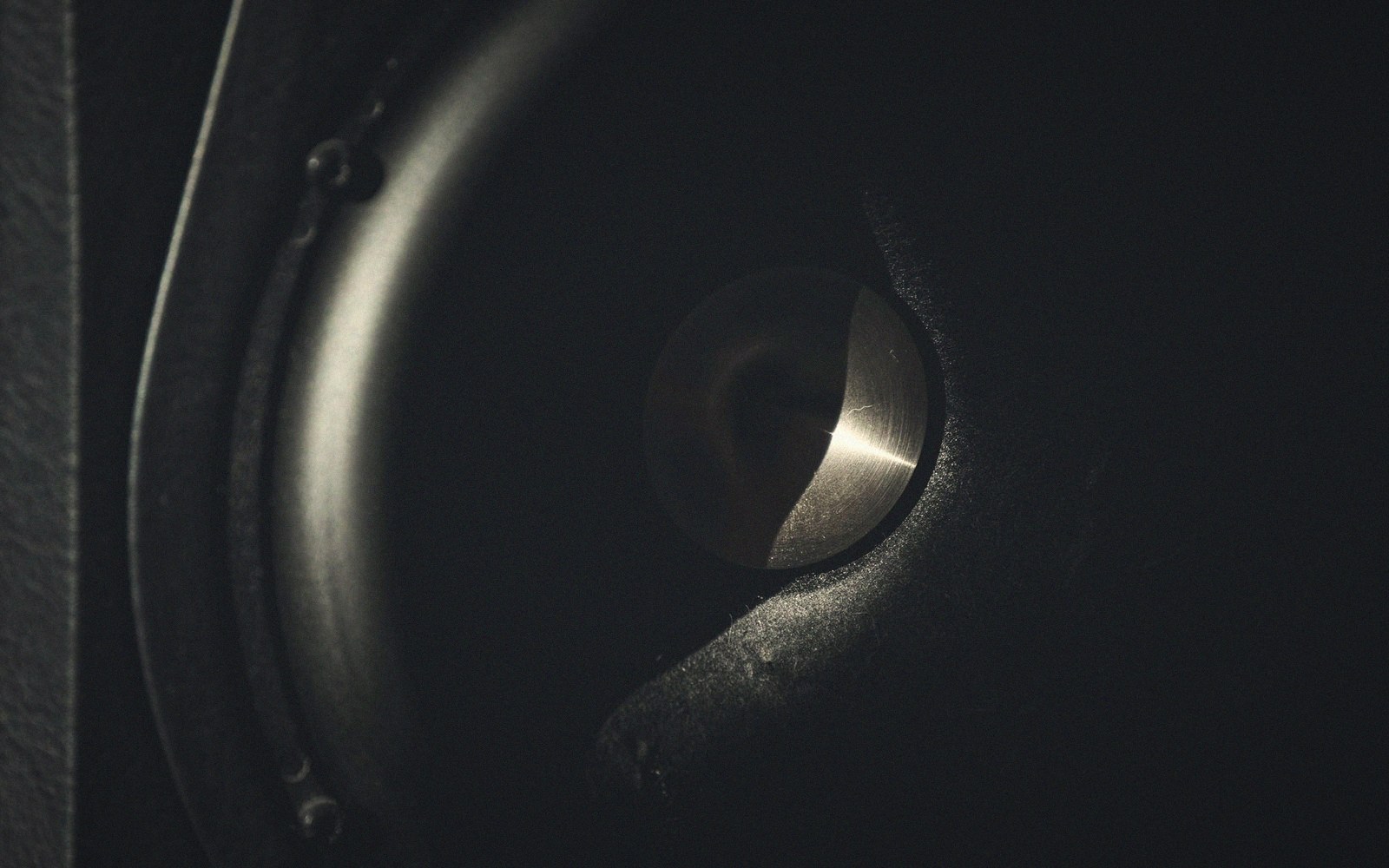 Close-up of a speaker cone and center dome lit by a single beam of light